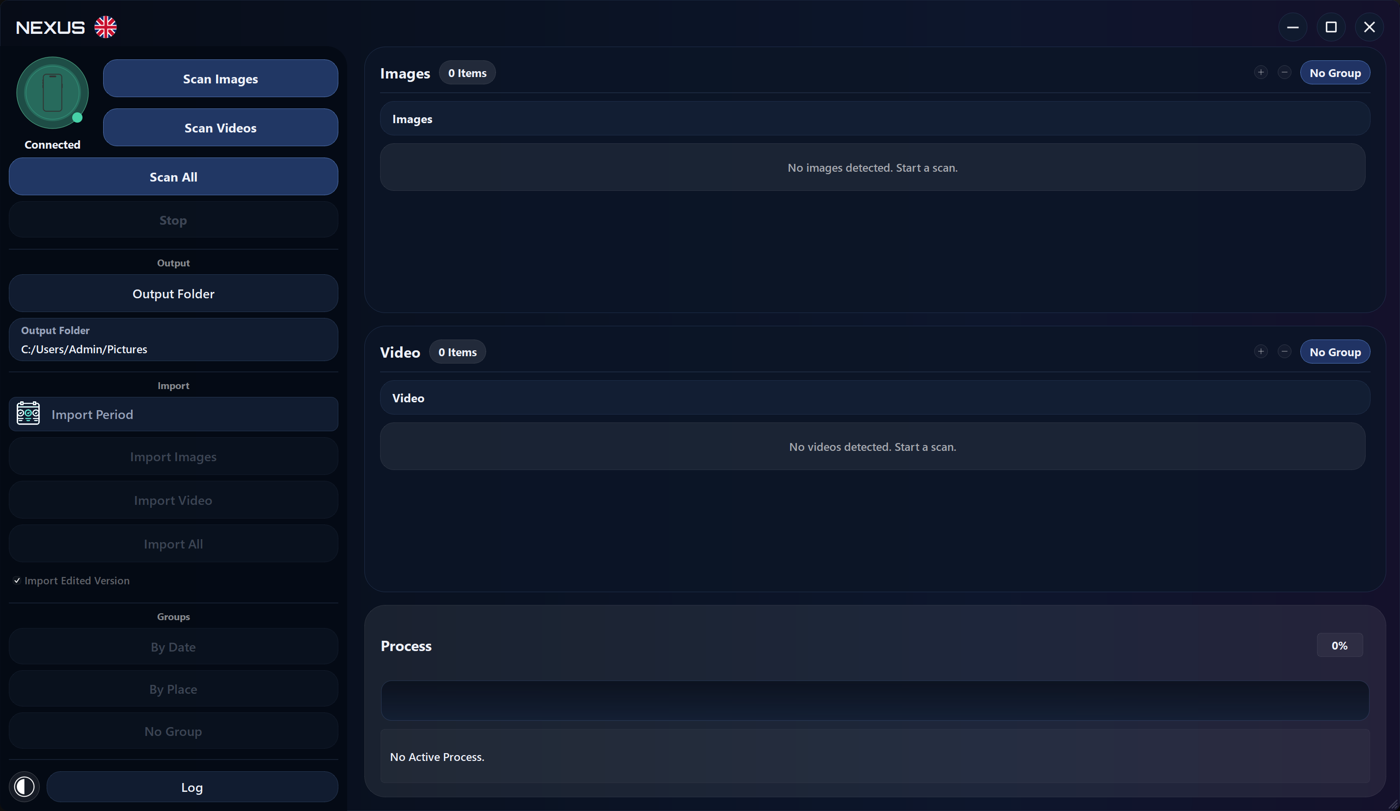 Nexus Arc dark interface displaying the media library scan